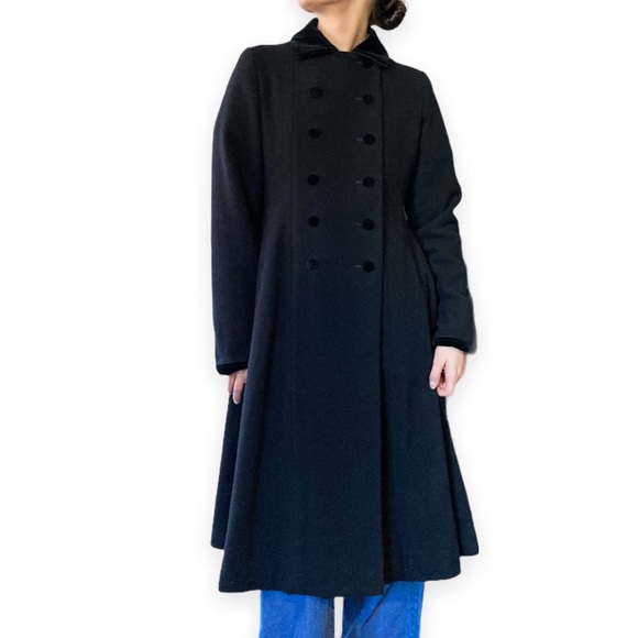 Vintage 90s Trench Swing Coat, Wool Shell, Double Breasted with Velvet Collar - Picture 3 of 6